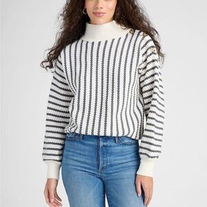 VIGOSS Striped Button Up Turtleneck Pullover